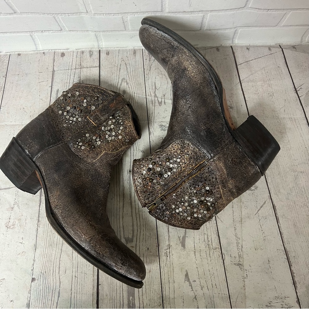 Frye Distressed Gray Ankle Boots with Sequin Accents